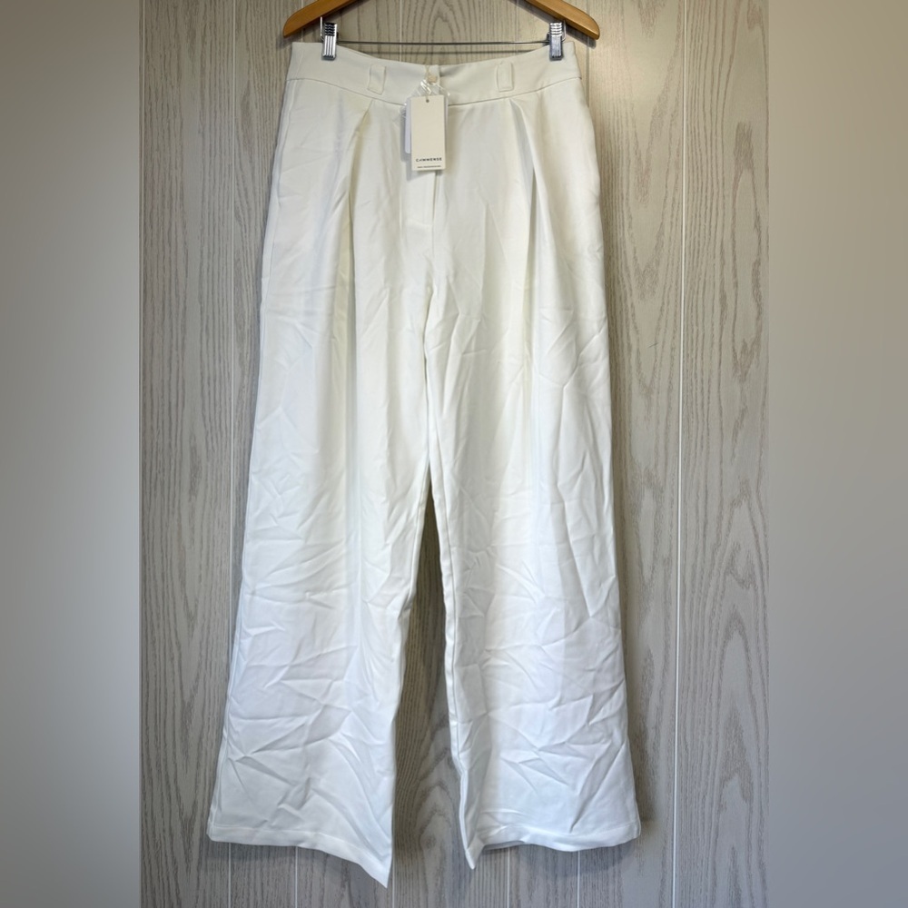 COMMENSE Pleated High Waist Wide Leg Pants – White – Size L NWT